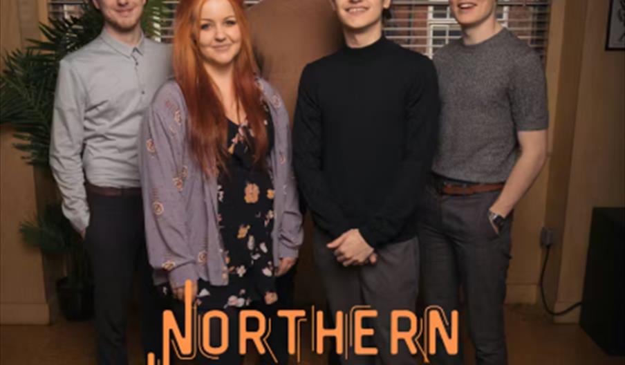 Five people stand indoors in a casual group, smiling at the camera, with the words "Northern House Band" in large text at the bottom of the image.