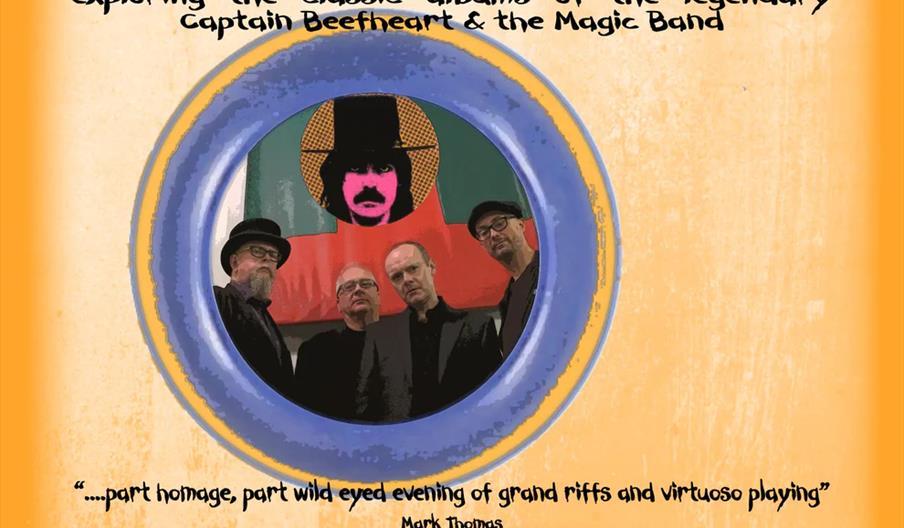 Poster with an orange background featuring the text "Orange Claw Hammer takes on the music of Captain Beefheart" and a circular photo of four men in b