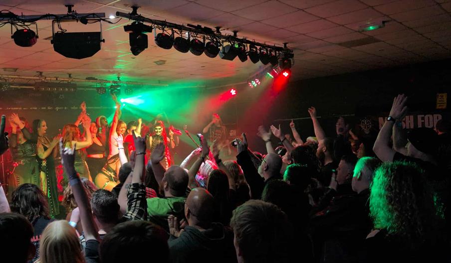 A lively concert scene at O'Rileys with performers on stage under colourful lights, while an enthusiastic crowd raises their hands and cheers in front