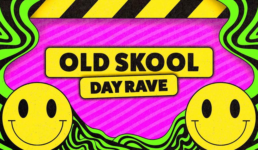 A colourful, retro-style graphic with a pink and green wavy background, featuring two large yellow smiley faces on either side and black-and-yellow ca