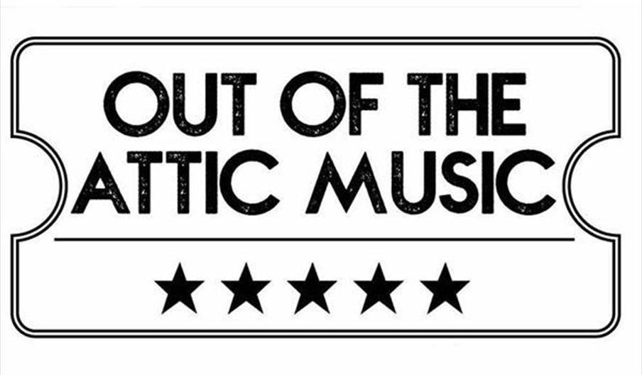 Cartoon of a ticket stub, with the writing 'Out of the Attic Music' on the front, above 5 stars.