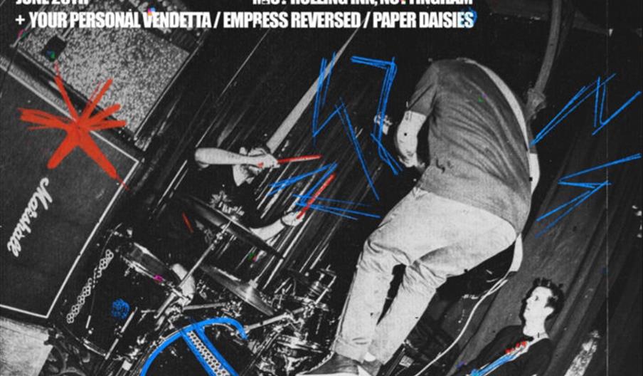 Black-and-white punk concert poster with red and blue graphic accents, featuring a photo of a musician jumping in front of drums and amplifiers. The p