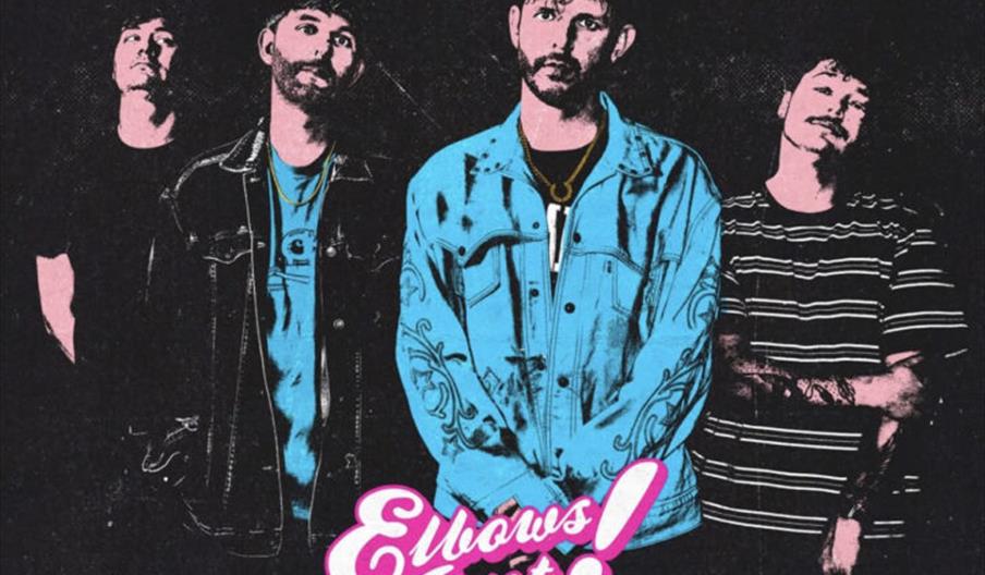 Concert poster for the band Pet Needs, featuring a stylized photo of four band members with "Elbows Out! The Tour" in bright script below them. Text d