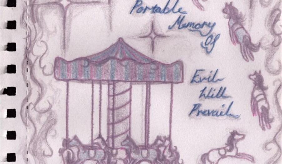 Hand-drawn illustration of a carousel with horses surrounded by swirling clouds and leaping carousel horses. Blue handwritten text reads: "Art and Jam