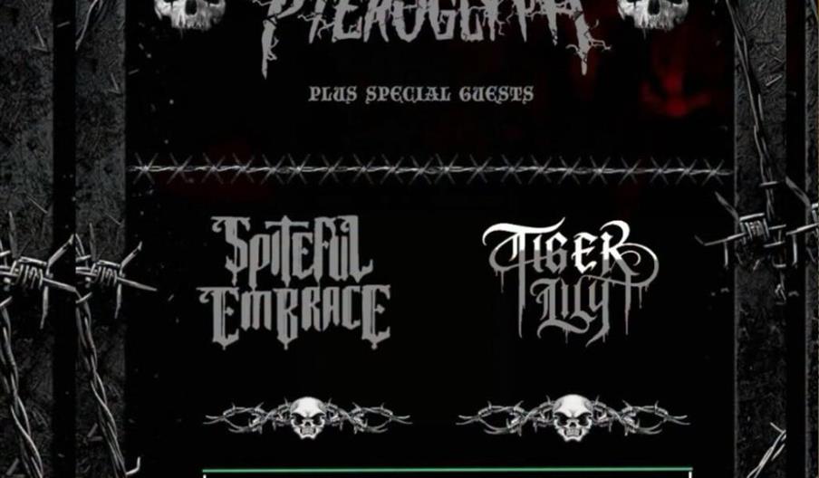 A heavy metal concert poster with barbed wire and skulls, displaying band names "Pteroglyph," "Spiteful Embrace," and "Tiger Lily." Event details at t