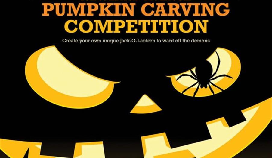A Halloween-themed poster featuring a large Jack-o'-lantern, a bat, and a full moon in the background, advertising the Newland Avenue Pumpkin Carving