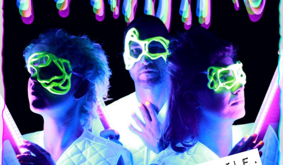 Concert poster for the band PAINTING featuring three people wearing glowing neon masks and holding fluorescent sticks, with colorful, distorted text a