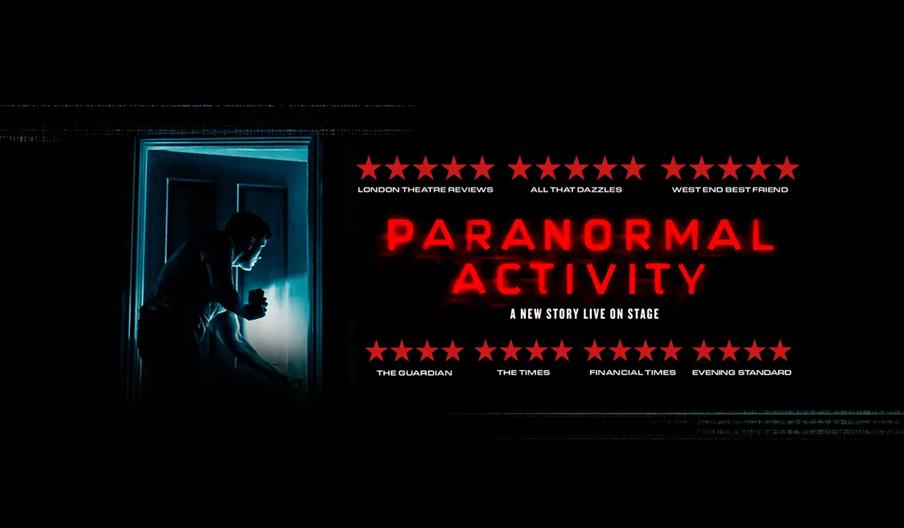 A shadowy figure holding a flashlight stands in a dark doorway on the left, while the right side displays glowing red text reading "Paranormal Activit