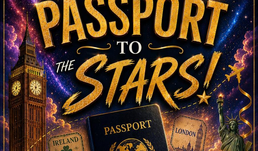 Colorful poster for JP's Performing Arts show titled "Passport to the Stars," featuring golden text, images of Big Ben, the Statue of Liberty, a passp