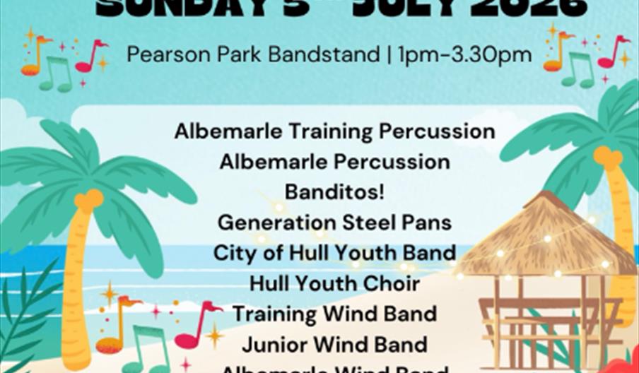 Colourful poster for "Pearson Park Summer Festival" announcing the event on Sunday, July 5th, 2026 from 1pm to 3:30pm at Pearson Park Bandstand. The p