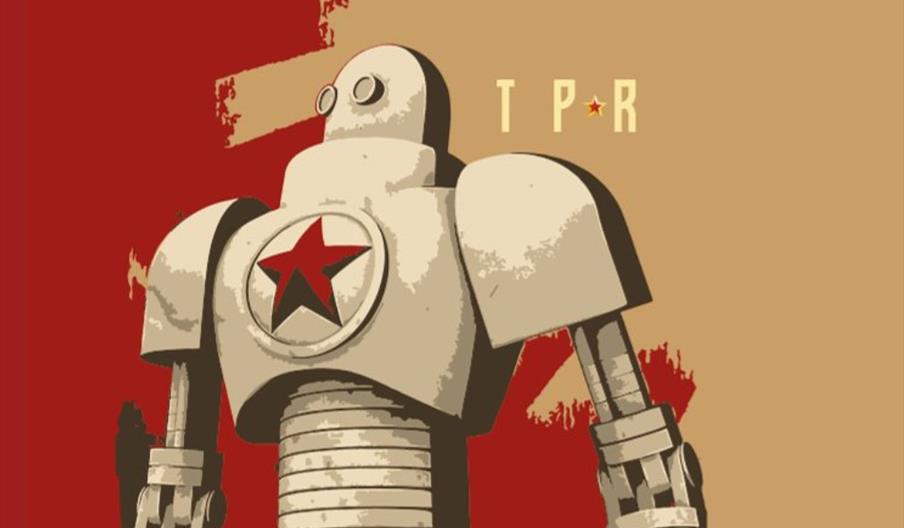 A stylized illustration of a large, retro-futuristic robot with a red star on its chest stands against a background of bold red and tan colors, with t