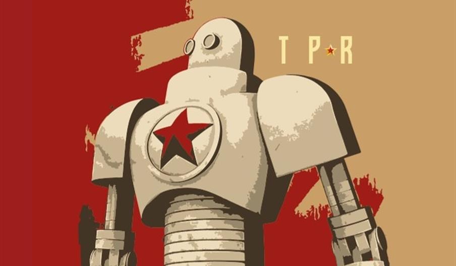 People's Republic logo, an Illustration of a large, retro-style robot with a red star on its chest, standing against a background with red and tan col