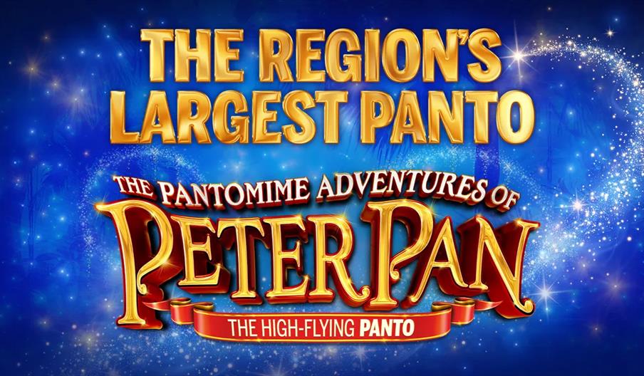 Promotional graphic with sparkling blue background and gold text that reads, "The region's largest panto," above the show title, "The Pantomime Advent