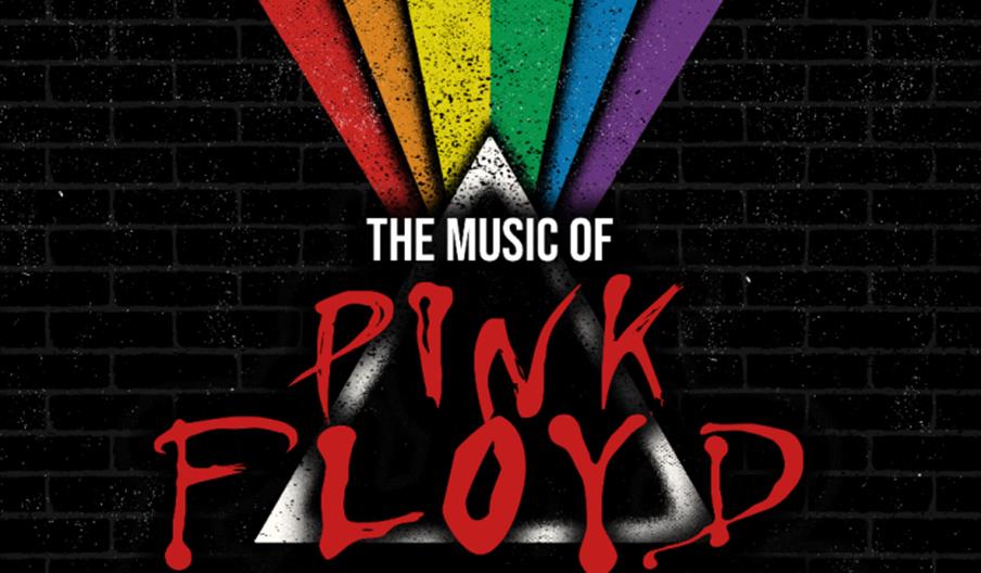 Concert poster with a black brick background featuring a white triangle prism emitting beams of red, orange, yellow, green, blue, and purple light, an