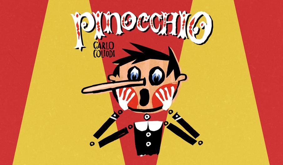 Cartoon illustration of Pinocchio with a surprised expression, long nose, and hands on his red cheeks, set against a red and yellow background with th