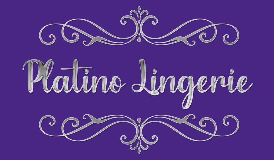 The image features the text "Platino Lingerie" in a shiny silver script font centered on a purple background, with decorative silver flourishes above