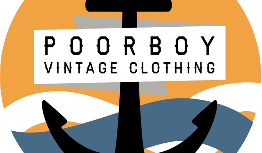 Logo for "Poorboy Vintage Clothing" featuring a large black anchor with a rectangular sign across it displaying the store name in bold, geometric lett