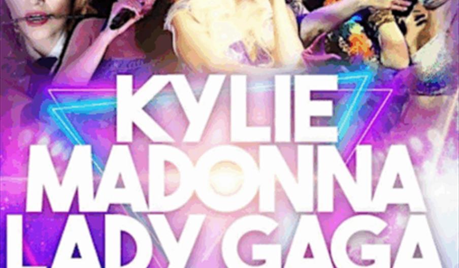 A colorful promotional image featuring stylized photos of five female pop stars, with large text in the center listing their names: Kylie, Madonna, La