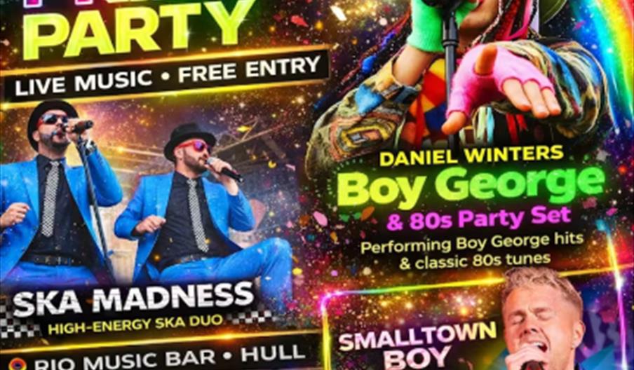 Colorful event poster for the "Rio Pride Party" featuring images of performers in vibrant costumes, highlighting acts such as Daniel Winters as Boy Ge