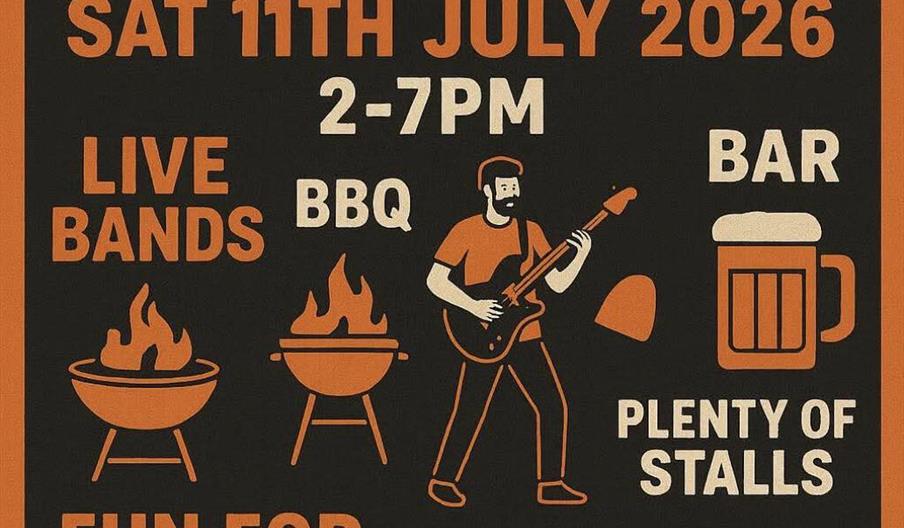 Poster for Priory Festival at Pride Park on Saturday, July 11, 2026, from 2-7 PM, featuring live bands, BBQ, bar, stalls, family activities, camping,