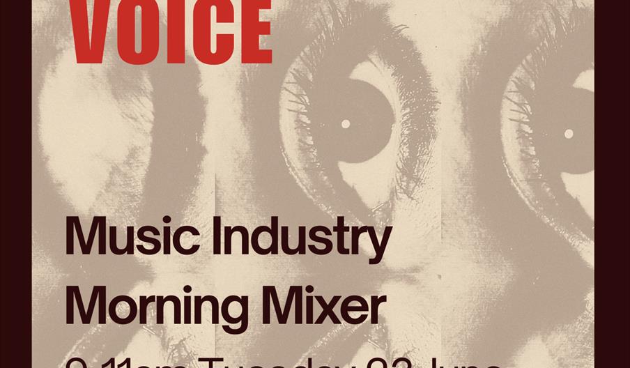 Event poster for a Morning Music Industry Mixer, highlighting discussions on raising voices in the music industry.