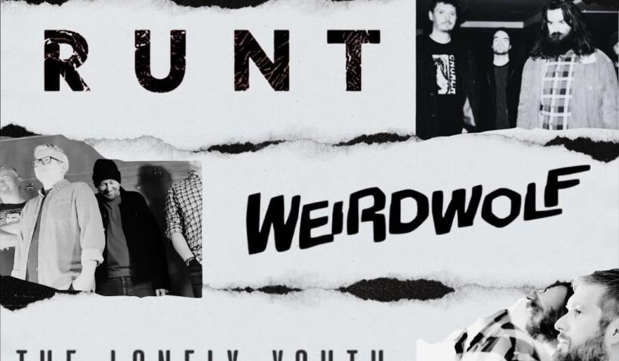 Concert poster for "Wolfclub Presents: A Triple Whammy of Local Alt Rock" featuring the bands Runt, Weirdwolf, and The Lonely Youth. The event is on T