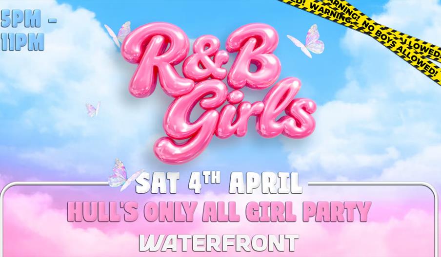 Event poster with a blue and pink cloudy sky background, featuring large shiny pink text reading "R&B Girls" surrounded by butterflies. Additional det