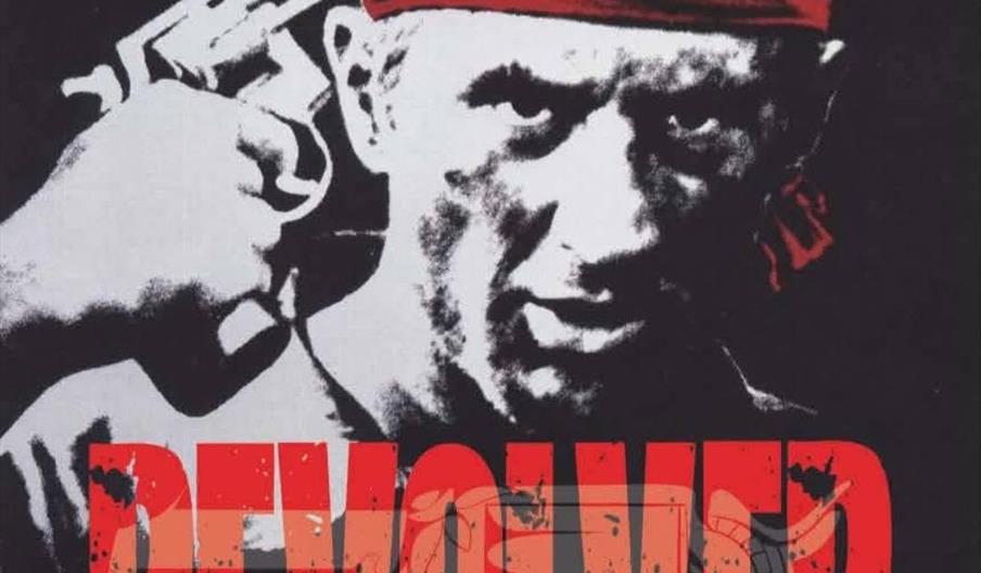 Poster for a rock covers band called "Revolver" featuring a stylized, high-contrast image of a man in a red headband holding a revolver to his head. T