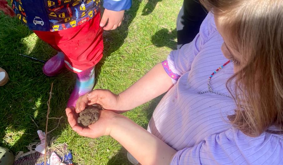 A young child wearing a light purple shirt gently holds a small toad in their hands while other children stand nearby on grass, with part of a colorfu