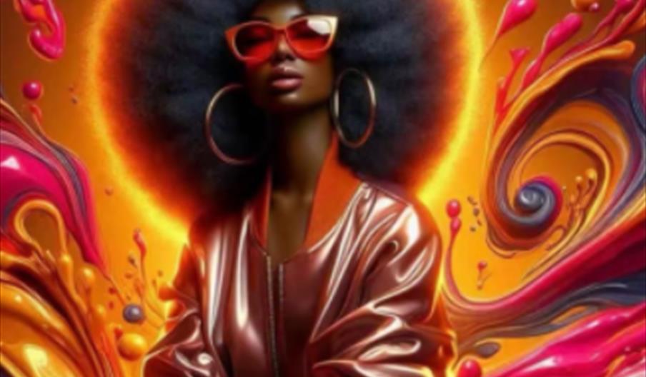 A stylish woman with a large afro, oversized hoop earrings, and red sunglasses poses confidently in front of a vibrant, swirling background of orange,
