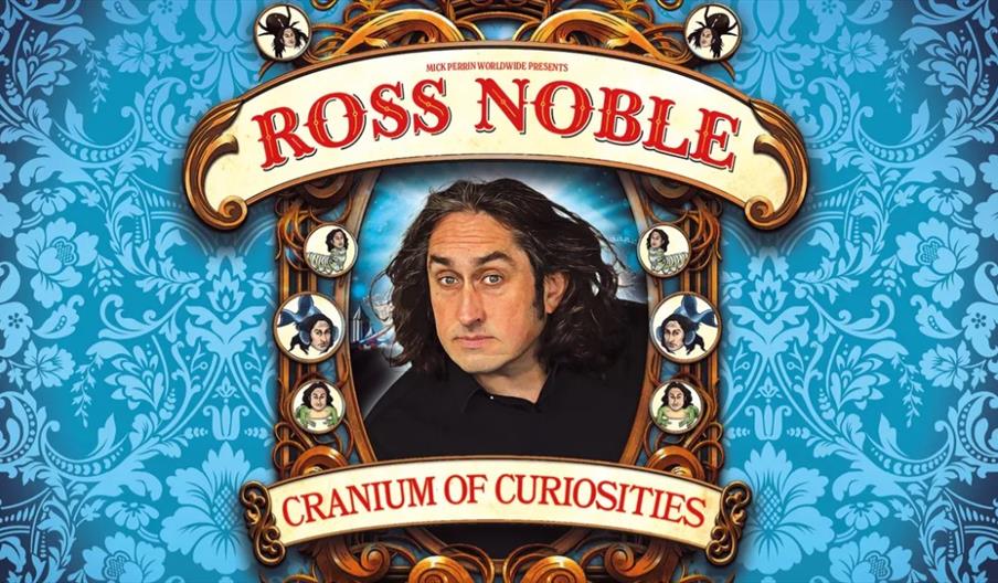 A promotional poster with ornate frames shows a man with long dark hair at the center, surrounded by small circular portraits, on a blue floral backgr