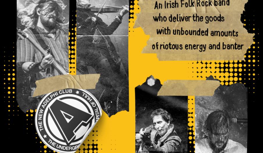Concert poster for the band Roving Crows, featuring black-and-white action photos of the band members playing instruments. The poster includes yellow