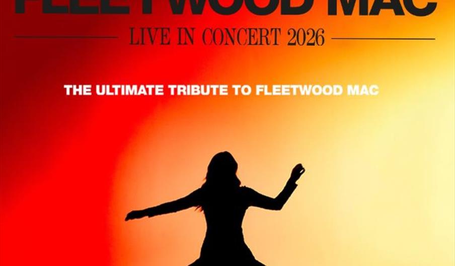 A silhouetted figure in a flowing dress dances against a vibrant red and yellow background, with large text above displaying "Rumours of Fleetwood Mac