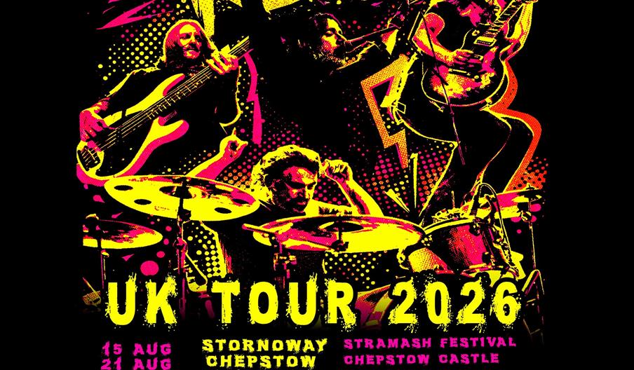 Poster for Scarlet Rebels UK Tour 2026 with a stylized, neon-colored illustration of the band performing. Tour dates and locations are listed beneath