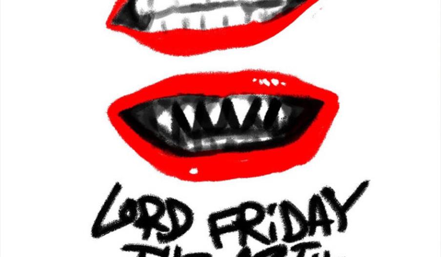 Concert poster for Skating Polly and Lord Friday the 13th, featuring two hand-drawn red lips with teeth, and details for a show on Wednesday, October