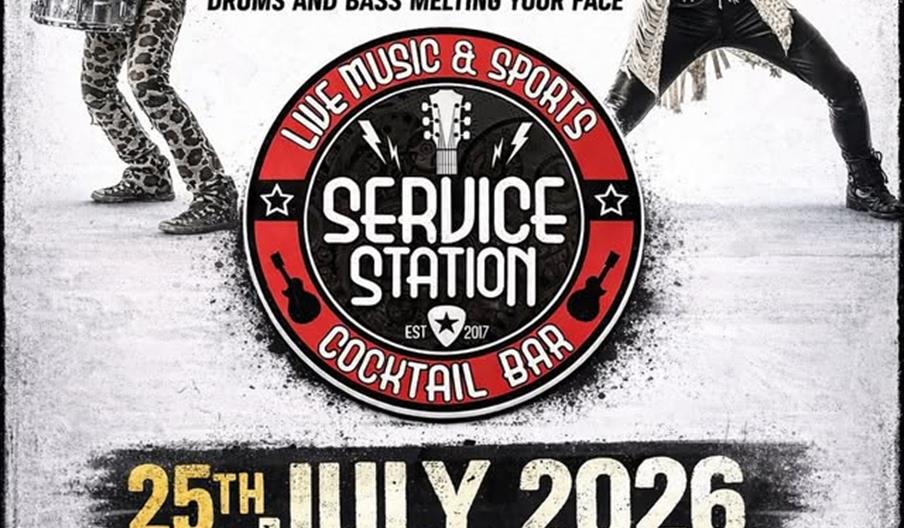 Poster for a live music event featuring two energetic musicians with instruments, promoting a STOP STOP performance at Service Station Cocktail Bar in