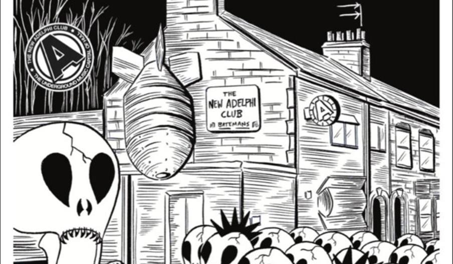 Black and white illustrated poster for a Subhumans concert on 26 November in Hull, featuring a crowd of skull-faced punk characters in front of The Ne