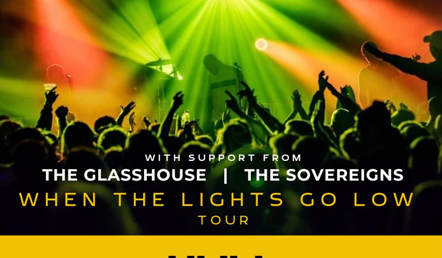 Concert poster for SUNBEAM's "When the Lights Go Low" tour, with support from The Glasshouse and The Sovereigns, showing a colorful stage with lights