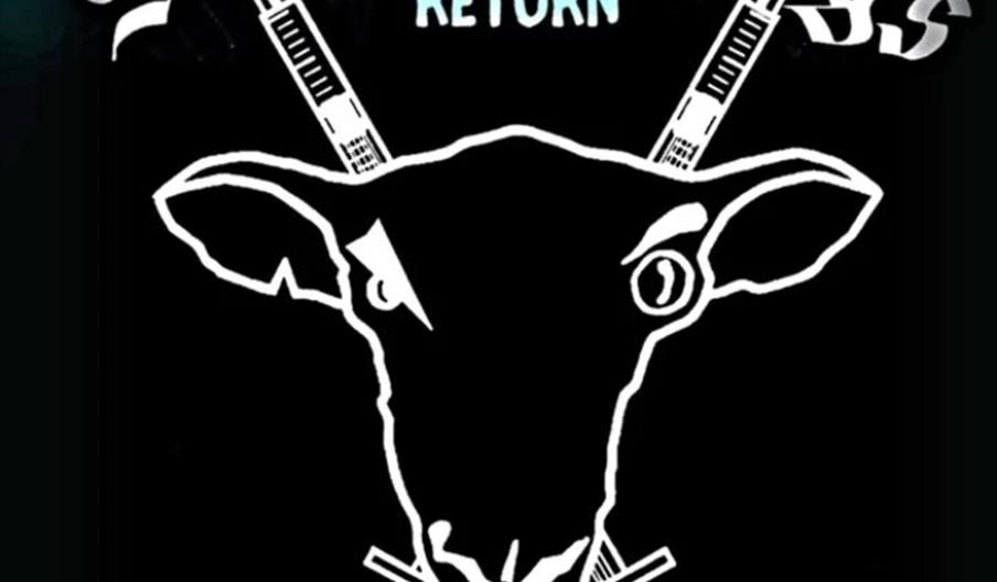 A stylized drawing of a sheep's head with four syringes crossing behind and below it, accompanied by the text "Sheep on Drugs RETURN" at the top and "