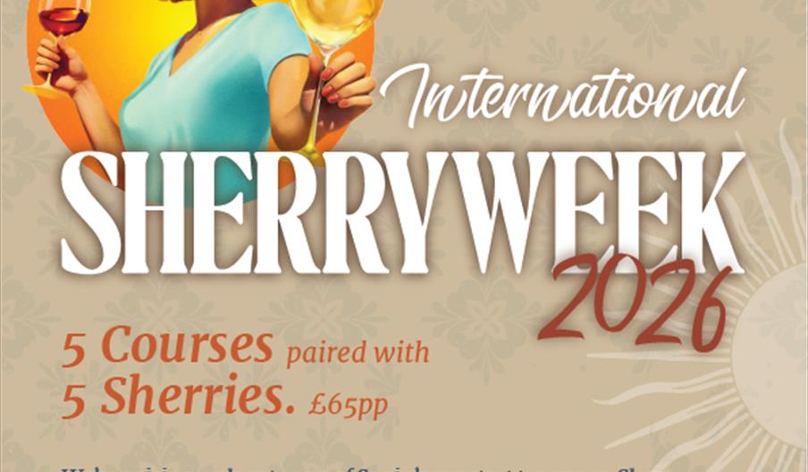 Promotional poster for "Ambiente International Sherry Week 2026," featuring a smiling woman in sunglasses holding glasses of sherry, details about a f