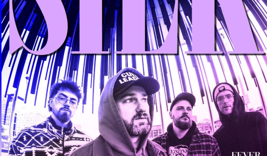 A concert poster featuring the band Silk, with four members standing in front of a dramatic, circular architectural background. Large purple text at t