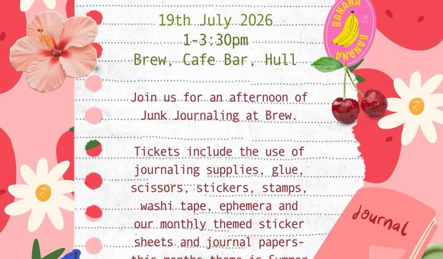Colourful event flyer for "Junk Journal Club" with a fruit and flower theme, featuring details for an afternoon journaling event at Brew Cafe-Bar in H