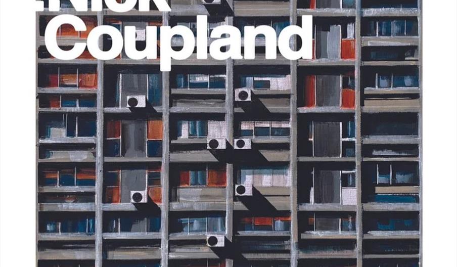 Poster for an art exhibition titled "Concrete Aspects" by Nick Coupland, featuring a painting of a grid-like concrete apartment building facade with b