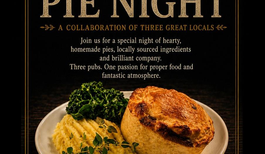 A promotional poster for "Pie Night," featuring logos for Scale & Feather Bar, The Woolpack, and O'Leary's, with event details and a photo of a plate