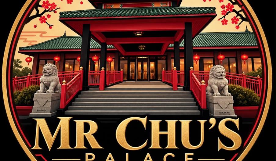 A circular logo featuring a traditional Chinese-style building with green tiled roofs, red pillars, stone lion statues at the entrance, and red lanter