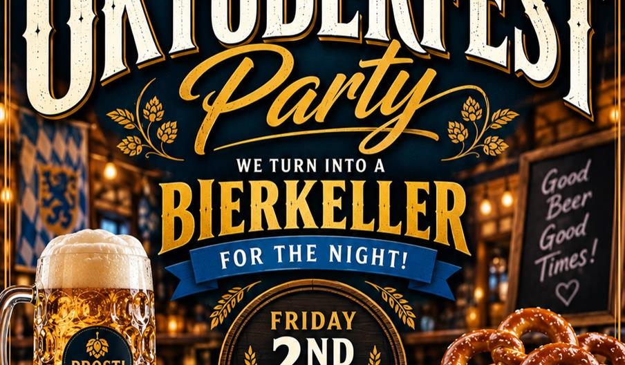 Poster for Scale & Feather Bar's Oktoberfest Party, featuring images of a beer stein, a plate of German pretzels, and festive decorations. The event i