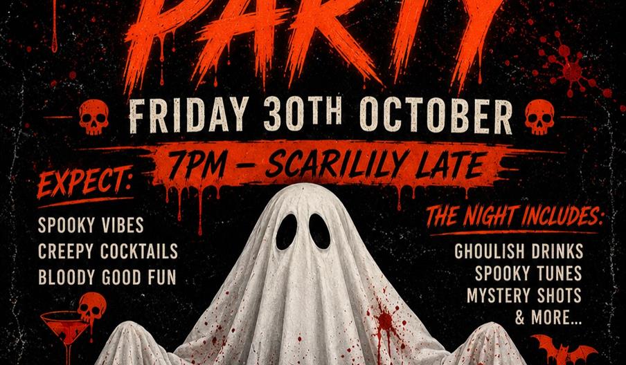 Halloween party poster with a ghost in a blood-stained sheet at the center, promoting a Halloween event at Scale & Feather Bar on Friday, 30th October