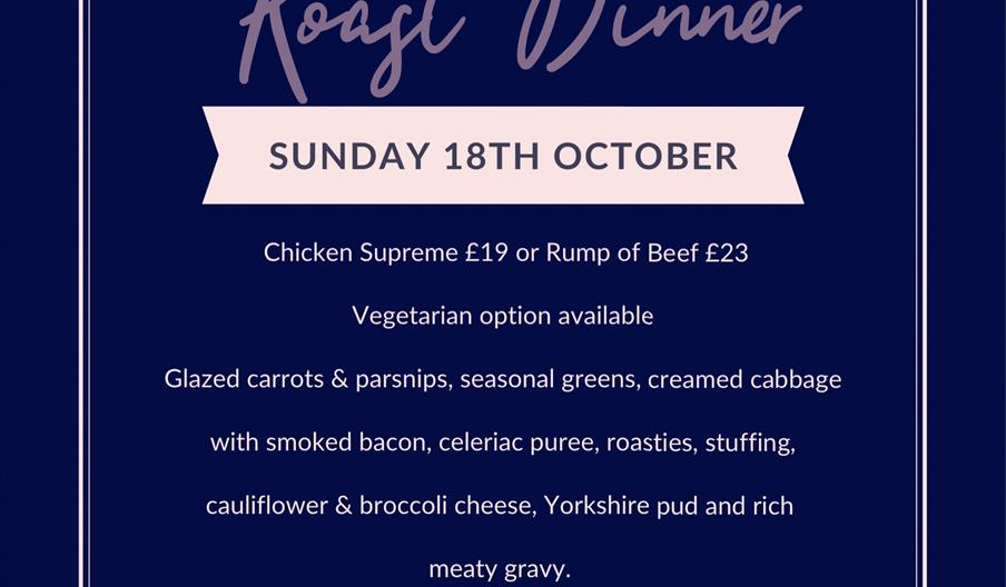 Digital poster for Brendan's Pop Up Roast Dinner on Sunday 18th October, listing menu options such as Chicken Supreme (£19), Rump of Beef (£23), and a