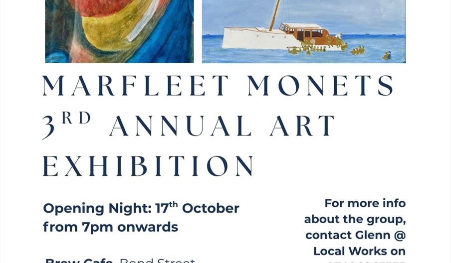Poster for the Marfleet Monets 3rd Annual Art Exhibition, featuring four paintings: an abstract bearded face, a sunset with silhouettes of trees and a