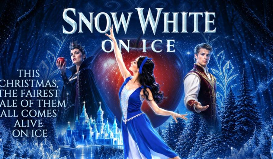Promotional poster for "Snow White on Ice" featuring three characters: a woman in a crown holding a red apple, a woman dressed as Snow White skating,